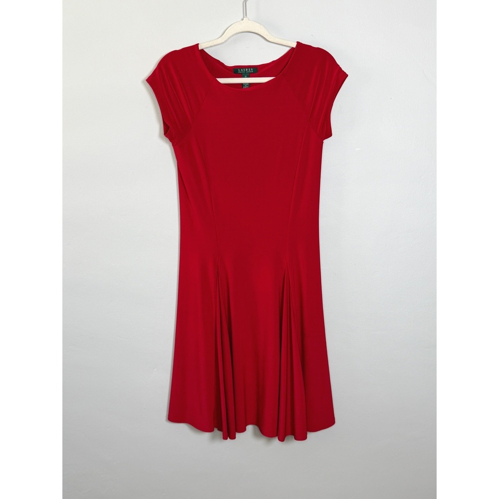 Lauren Ralph Lauren Dress Womens M Red Swing Pleated Cap Sleeve Classic Office